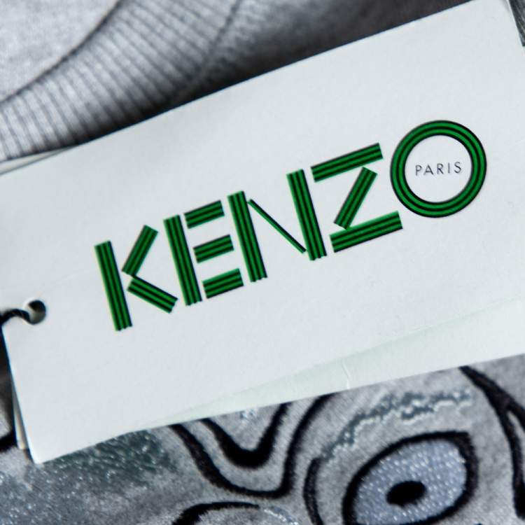 Pre Owned Kenzo Grey Cotton Tiger Embroidered Sweatshirt Dress L