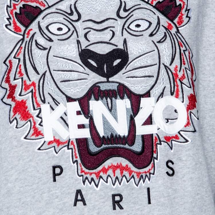 Pre Owned Kenzo Grey Cotton Tiger Embroidered Sweatshirt Dress L