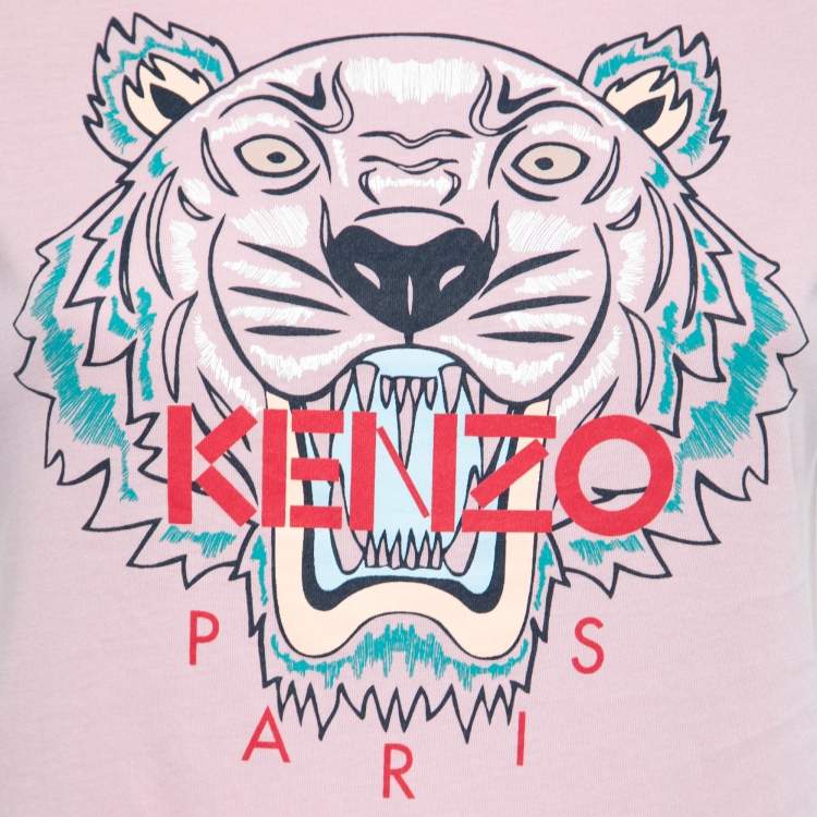 Pre Owned Kenzo Pink Tiger Logo Printed Cotton Short Sleeve T-Shirt XS