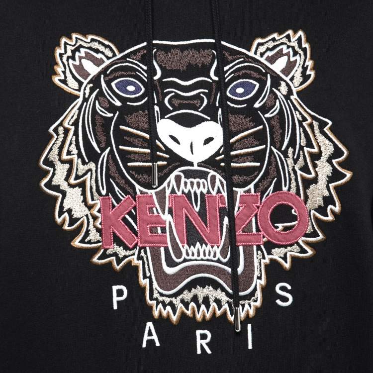 Pre Owned Kenzo Black Tiger Logo Embroidered Cotton Hoodie S