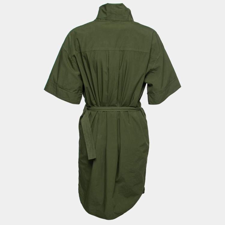 Pre Owned Kenzo Khaki Green Cotton Belted Short Sleeve Dress M