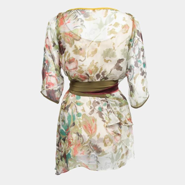 Pre Owned Kenzo Beige Floral Printed Silk Belted Tunic M