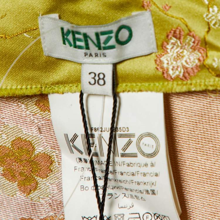 Pre Owned Kenzo Green Floral Jacquard Satin Slit Detail Midi Skirt M