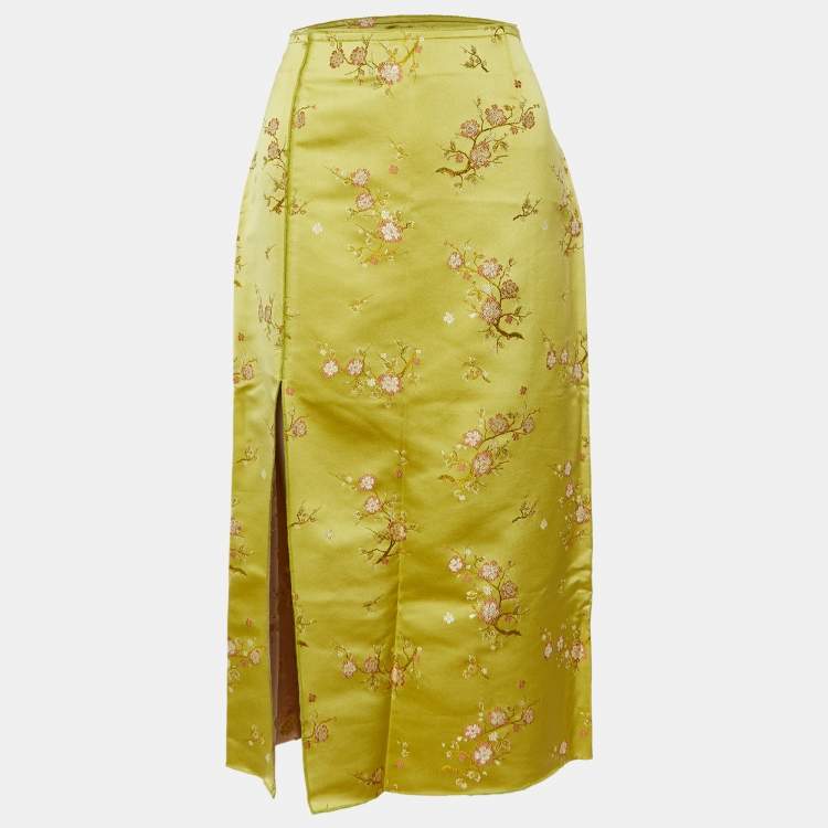 Pre Owned Kenzo Green Floral Jacquard Satin Slit Detail Midi Skirt M