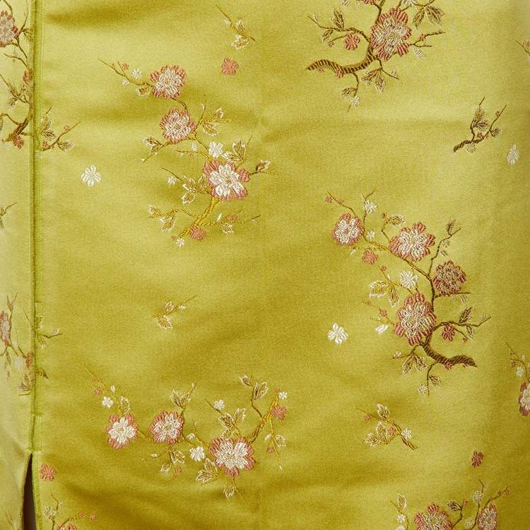 Pre Owned Kenzo Green Floral Jacquard Satin Slit Detail Midi Skirt M