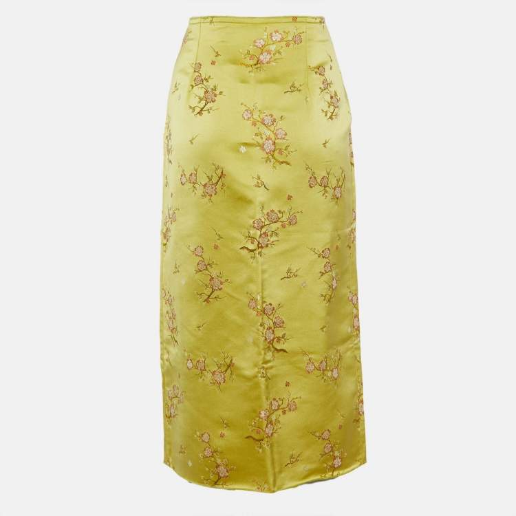 Pre Owned Kenzo Green Floral Jacquard Satin Slit Detail Midi Skirt M