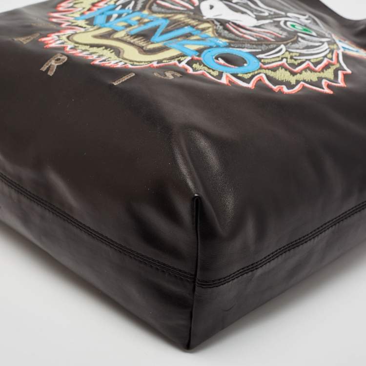 Pre Owned Kenzo Black Leather Embroidered Tiger Tote