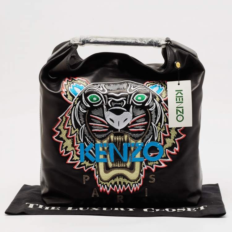 Pre Owned Kenzo Black Leather Embroidered Tiger Tote