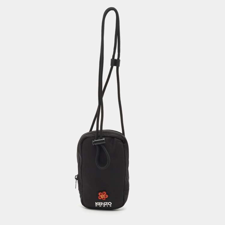 Pre Owned Kenzo Black Nylon Embroidered Phone Holder Crossbody Bag