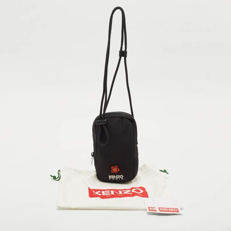 Pre Owned Kenzo Black Nylon Embroidered Phone Holder Crossbody Bag
