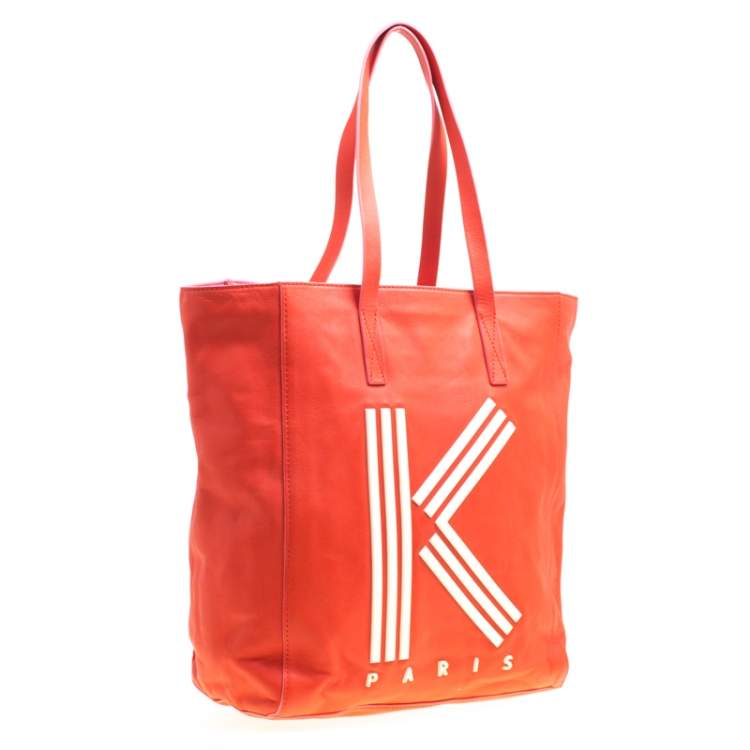 Pre Owned KENZO Red Leather K Logo Shopper Tote
