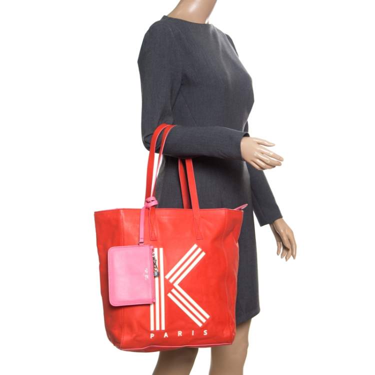 Pre Owned KENZO Red Leather K Logo Shopper Tote