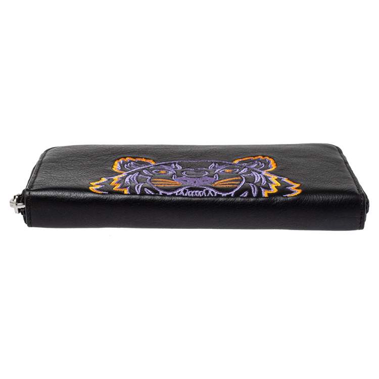 Pre Owned Kenzo Black Tiger Embroidered Leather Zip Around Wallet