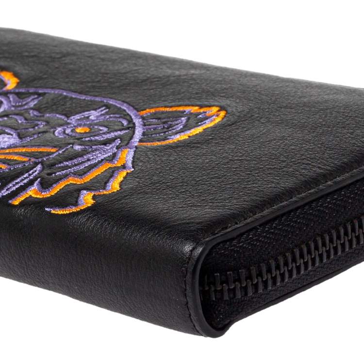 Pre Owned Kenzo Black Tiger Embroidered Leather Zip Around Wallet