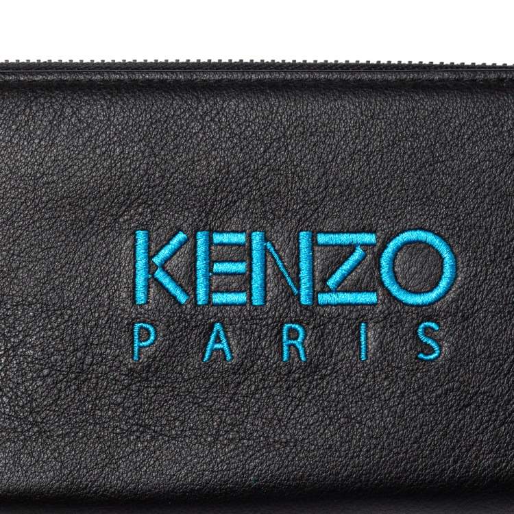 Pre Owned Kenzo Black Tiger Embroidered Leather Zip Around Wallet