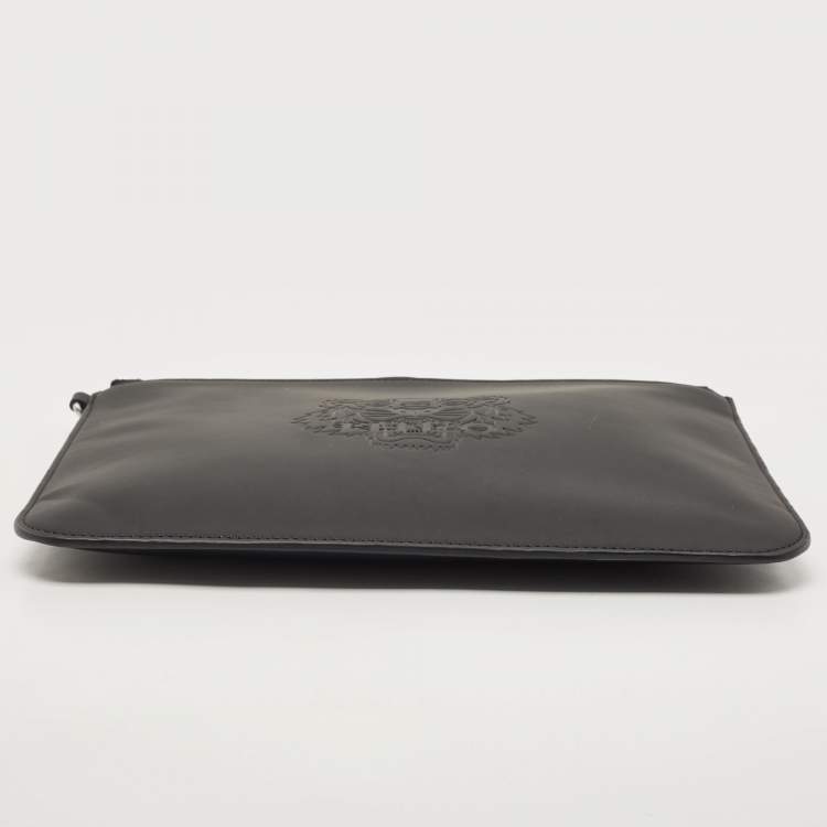 Pre Owned Kenzo Black Tiger Engraved Leather Wristlet Pouch