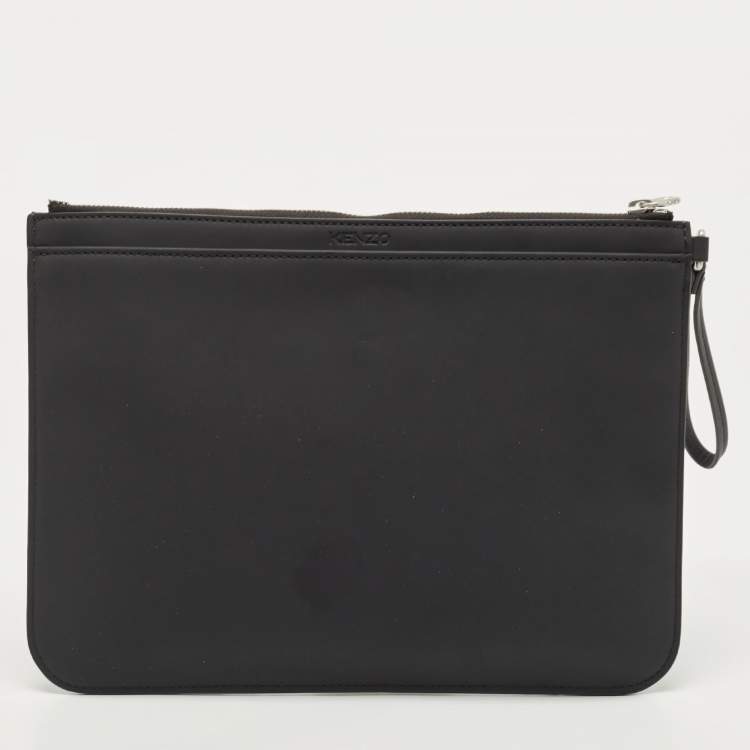 Pre Owned Kenzo Black Tiger Engraved Leather Wristlet Pouch