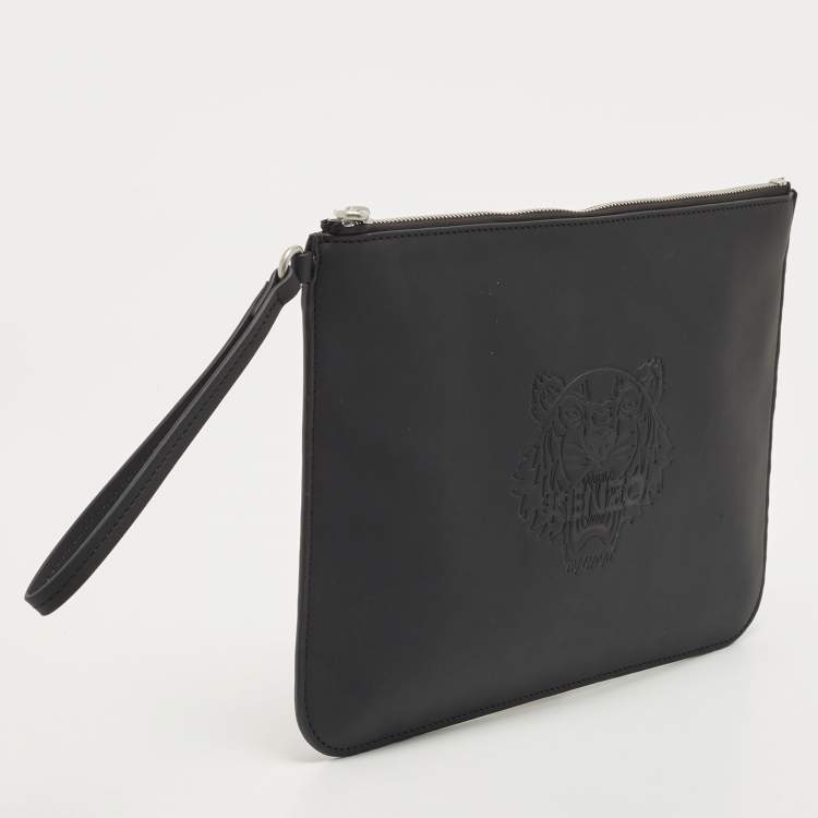 Pre Owned Kenzo Black Tiger Engraved Leather Wristlet Pouch
