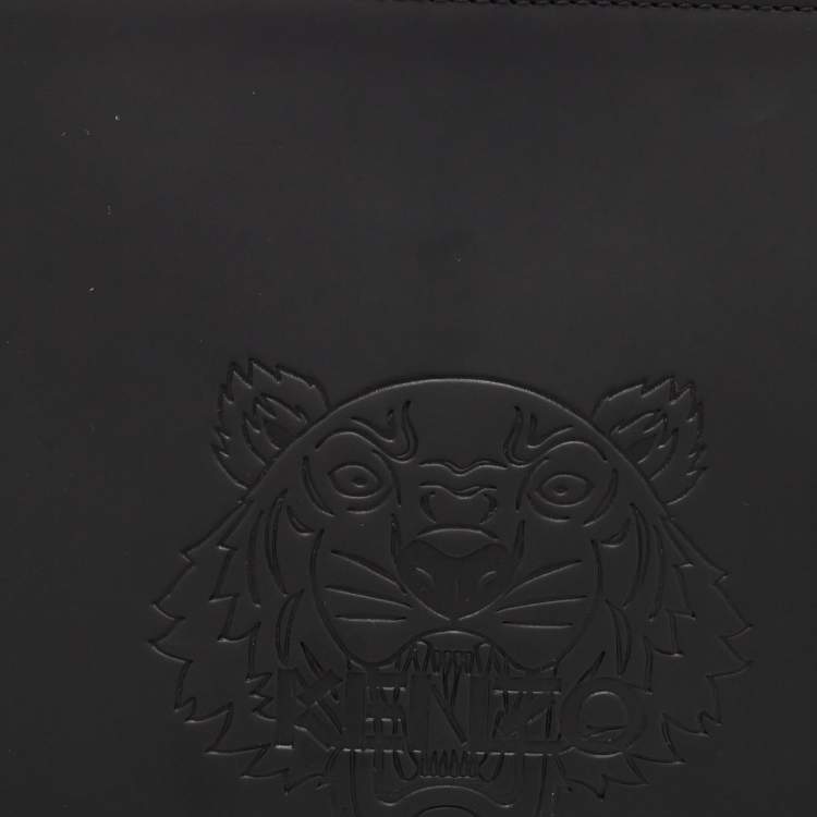 Pre Owned Kenzo Black Tiger Engraved Leather Wristlet Pouch