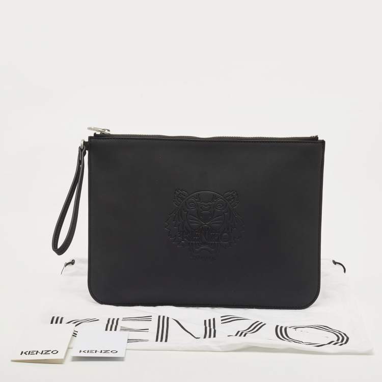 Pre Owned Kenzo Black Tiger Engraved Leather Wristlet Pouch