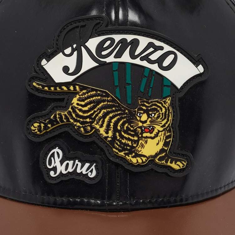Pre Owned Kenzo Black/Brown Faux Leather Applique Detail Baseball Cap 