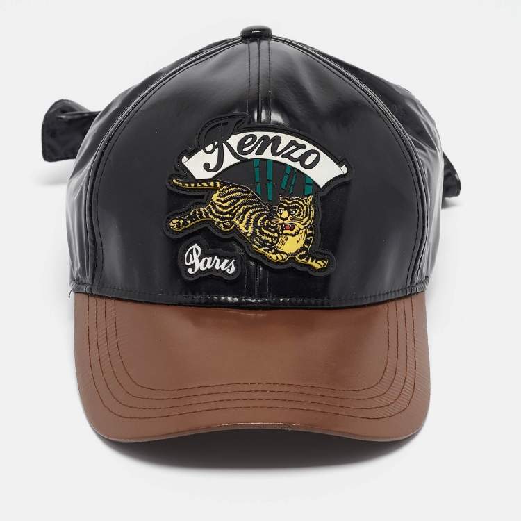 Pre Owned Kenzo Black/Brown Faux Leather Applique Detail Baseball Cap 