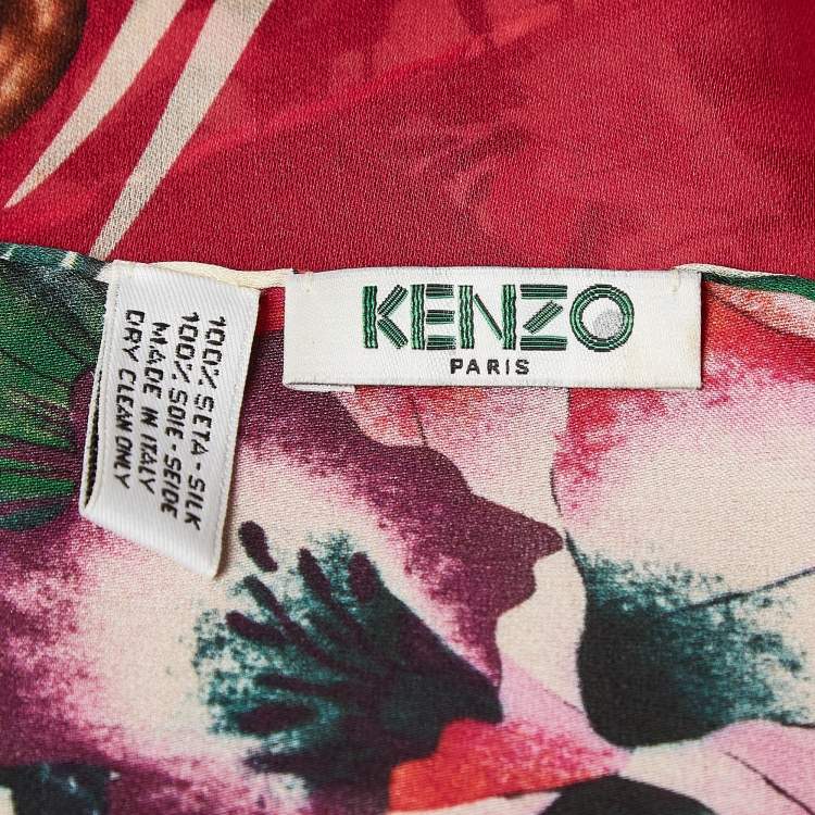Pre Owned Kenzo Pink Elephant and Floral Print Silk Scarf