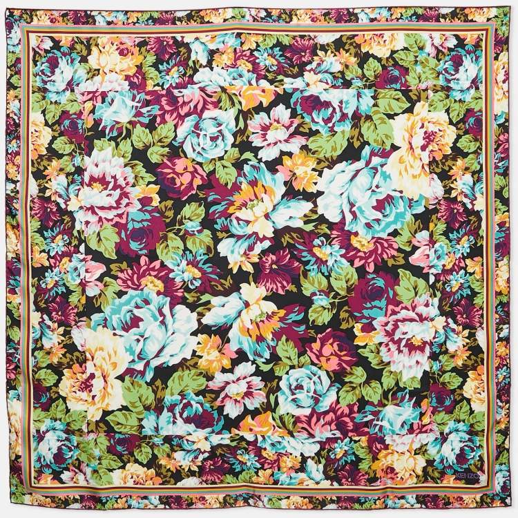 Pre Owned Kenzo Purple Floral Printed Silk Square Scarf