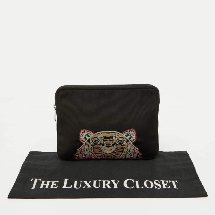Pre Owned Kenzo Black Fabric Logo Tiger Embroidered Ipad Case