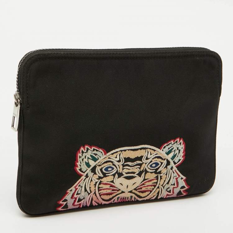 Pre Owned Kenzo Black Fabric Logo Tiger Embroidered Ipad Case
