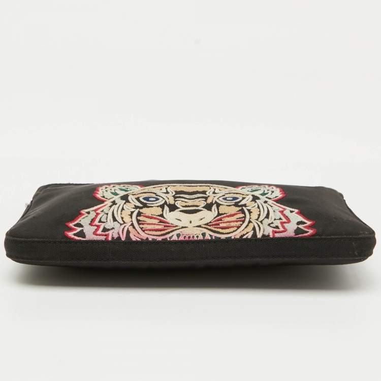 Pre Owned Kenzo Black Fabric Logo Tiger Embroidered Ipad Case