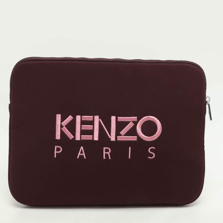 Pre Owned Kenzo Burgundy Neoprene Tiger Embroidered Laptop Case 