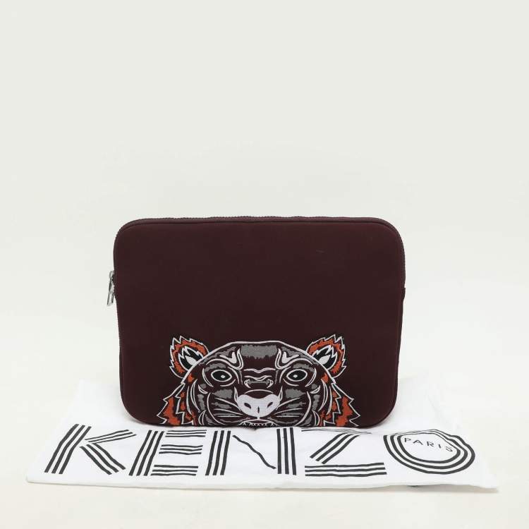 Pre Owned Kenzo Burgundy Neoprene Tiger Embroidered Laptop Case 