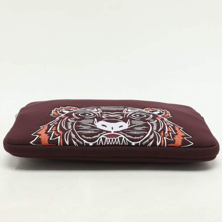 Pre Owned Kenzo Burgundy Neoprene Tiger Embroidered Laptop Case 