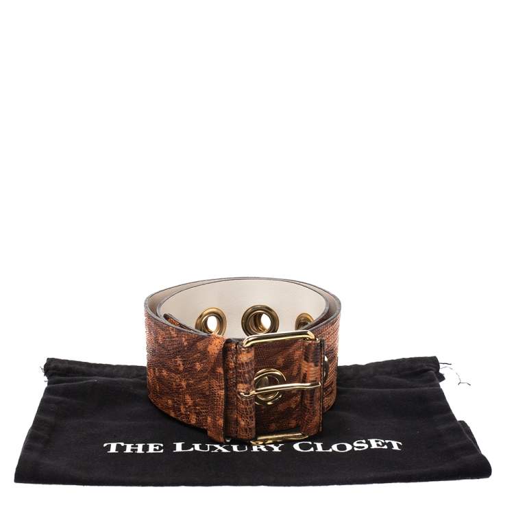 مملوكة مسبقًا Kenzo Brown/Orange Lizard Embossed Leather Waist Belt 92CM