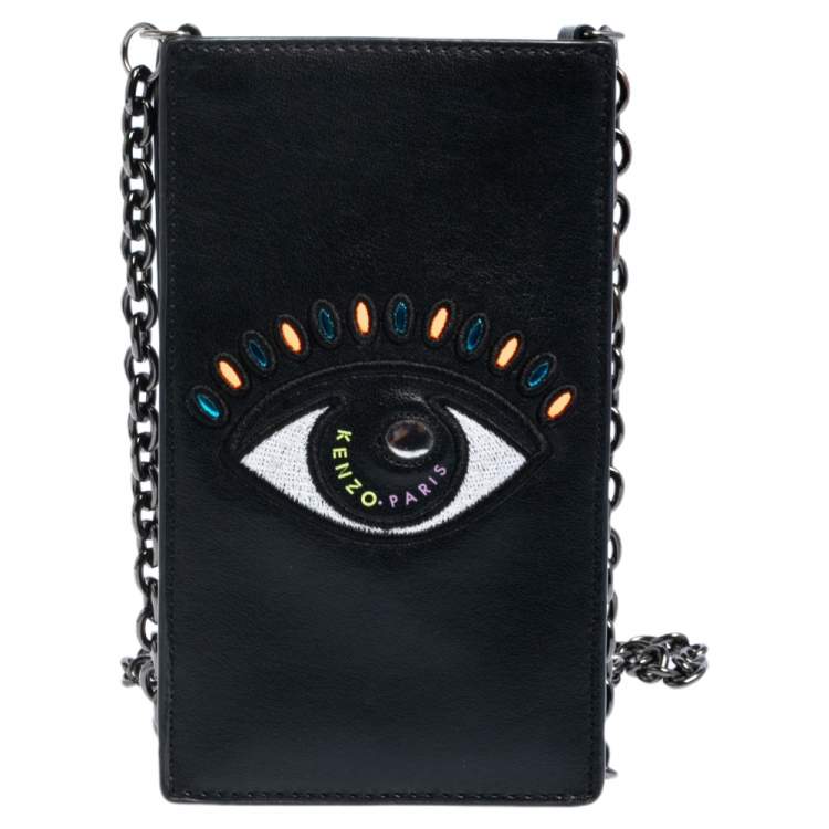 Pre Owned Kenzo Black Leather Eye Crossbody Phone Case