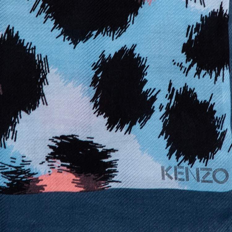 Pre Owned Kenzo Blue Abstract Printed Fringe Edged Modal Scarf 