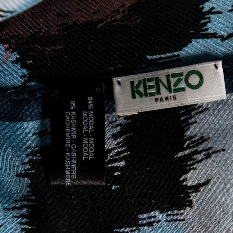 Pre Owned Kenzo Blue Abstract Printed Fringe Edged Modal Scarf 