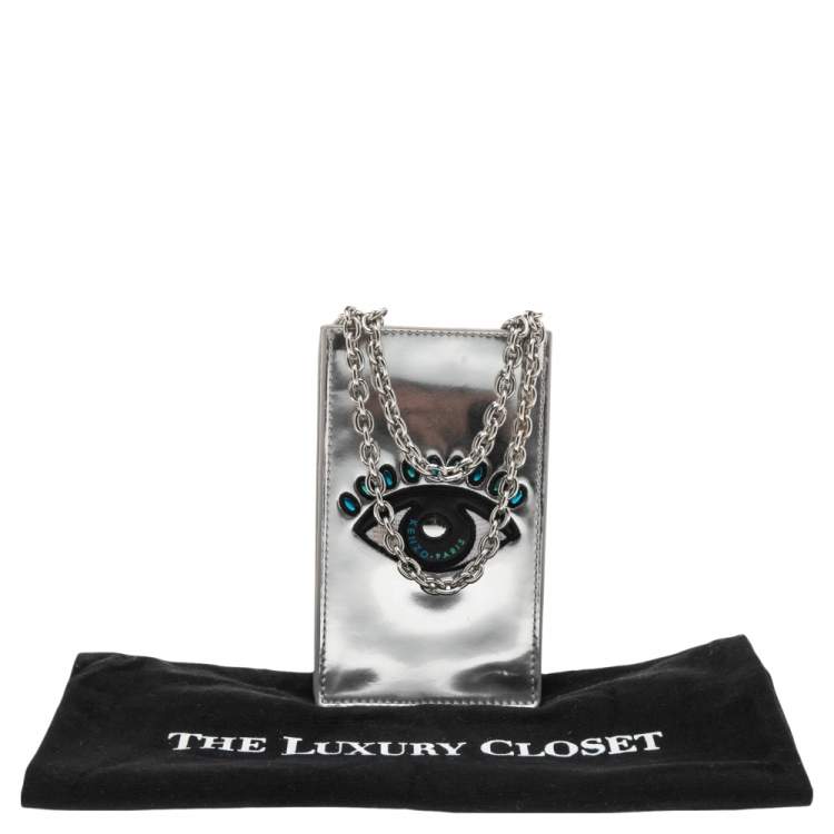 Pre Owned Kenzo Silver Patent Leather Phone Case Crossbody Bag