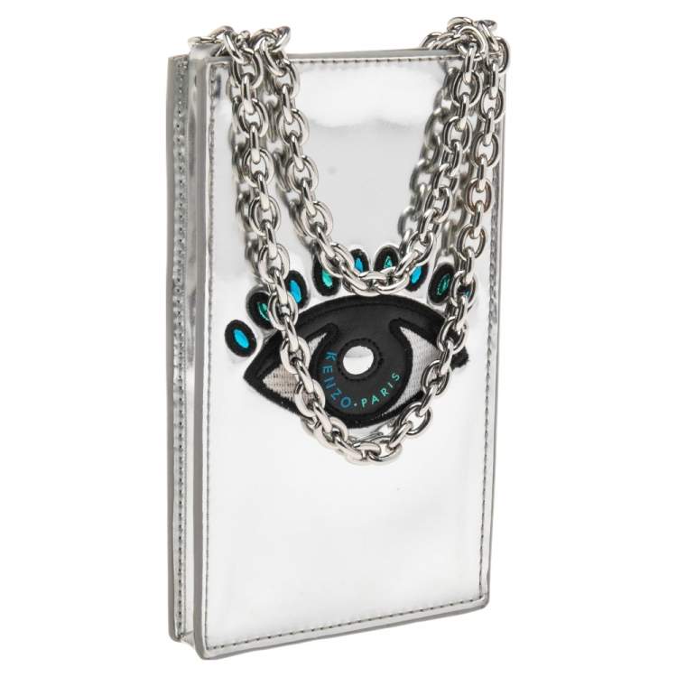 Pre Owned Kenzo Silver Patent Leather Phone Case Crossbody Bag