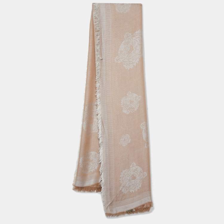 Pre Owned Kenzo Beige Tiger Motif Jacquard  Scarf