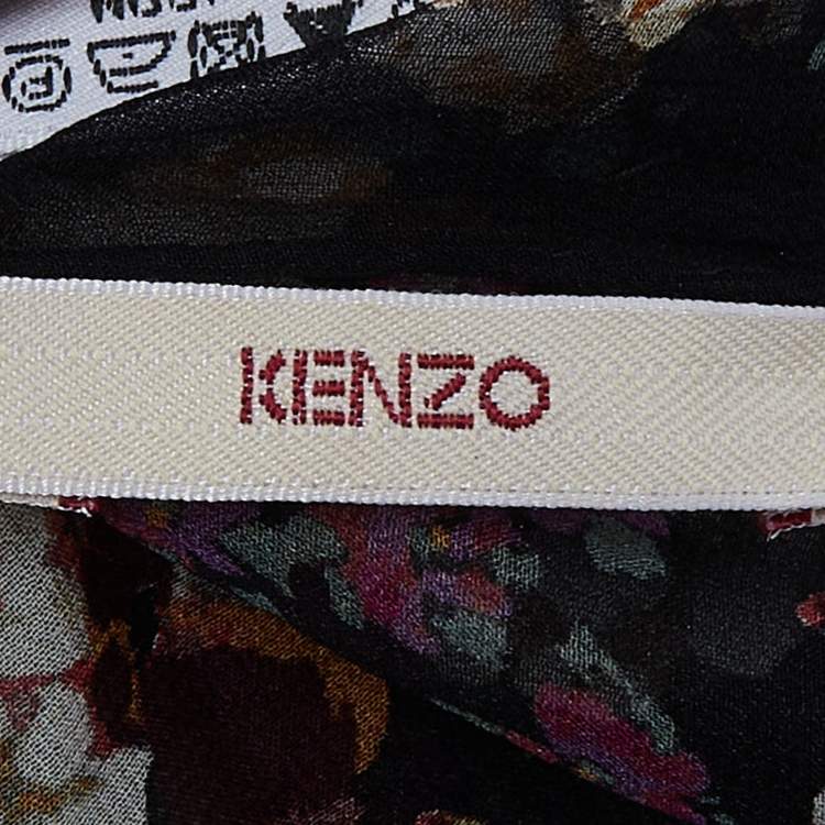Pre Owned Kenzo Black Floral Printed Silk Scarf