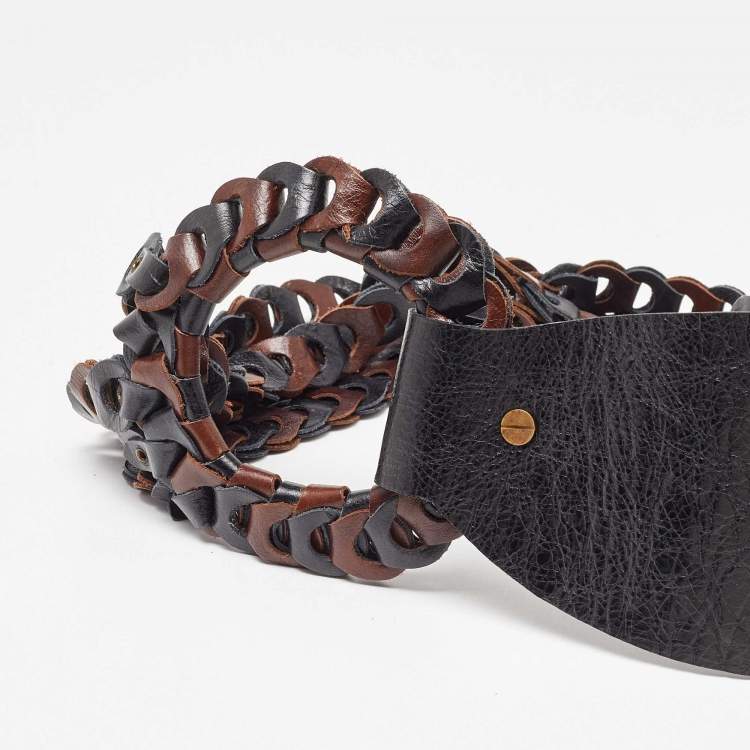 Pre Owned Kenzo Brown/Black Link Leather Round Buckle Waist Belt 