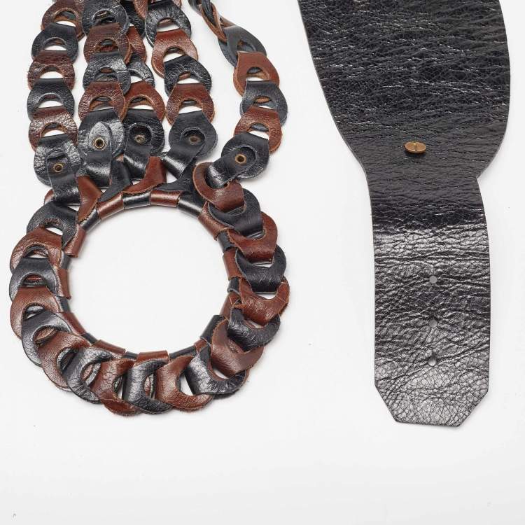 Pre Owned Kenzo Brown/Black Link Leather Round Buckle Waist Belt 