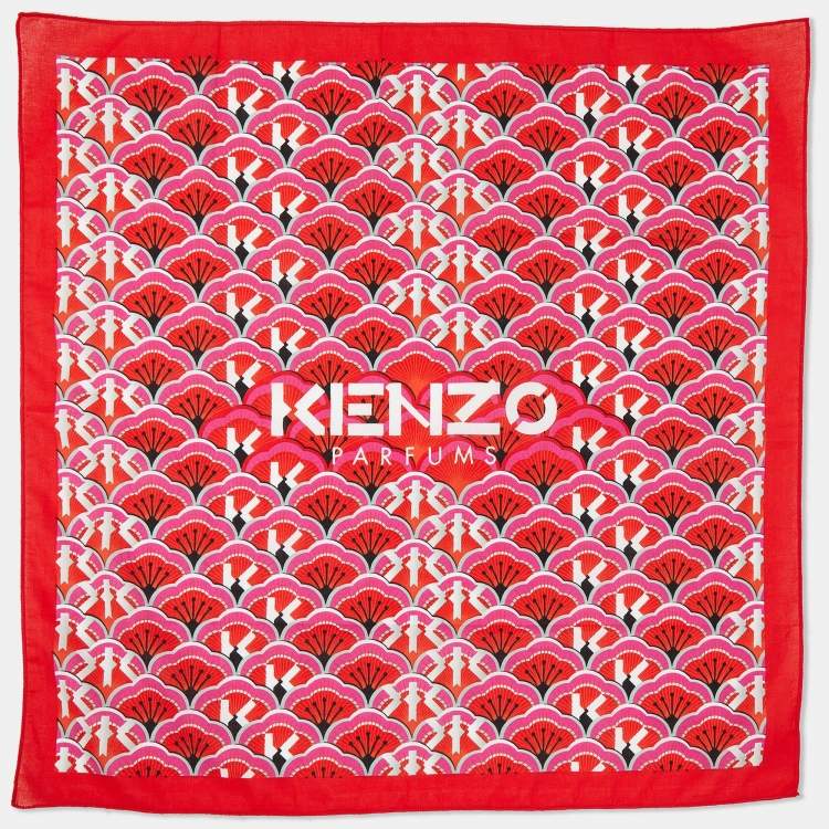 Pre Owned Kenzo Red All-Over Print Cotton Square Neckerchief