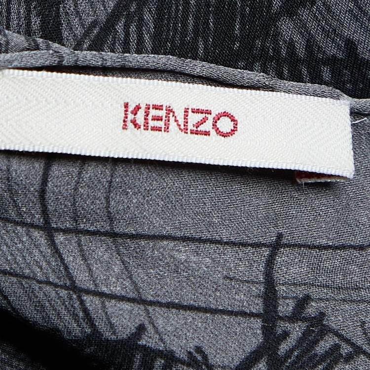 Pre Owned Kenzo Grey Floral Scribble Print Silk Stole