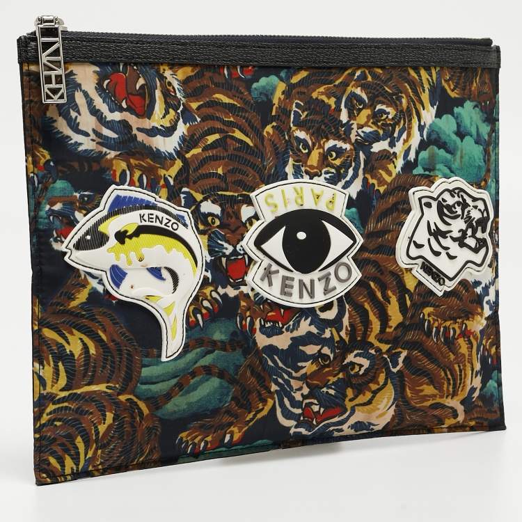 Pre Owned Kenzo Multicolor Printed Nylon Flying Tiger Zip Pouch