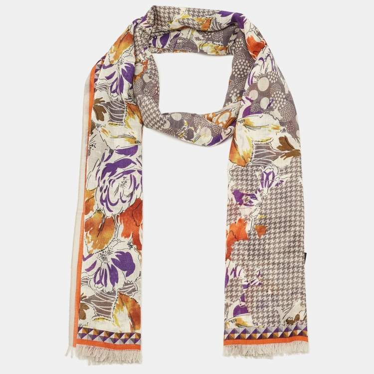 Pre Owned Kenzo Grey Houndstooth Floral Print Wool & Silk Stole