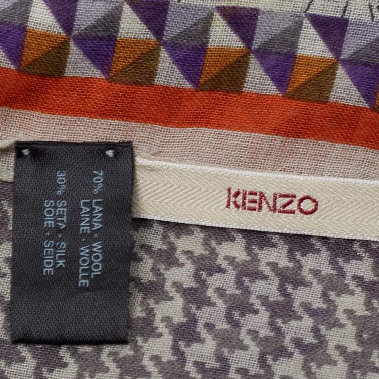 Pre Owned Kenzo Grey Houndstooth Floral Print Wool & Silk Stole