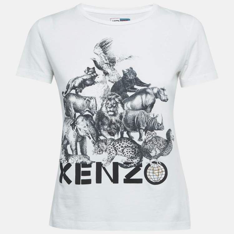 Pre Owned Kenzo White Animal Printed Cotton Knit T-Shirt S